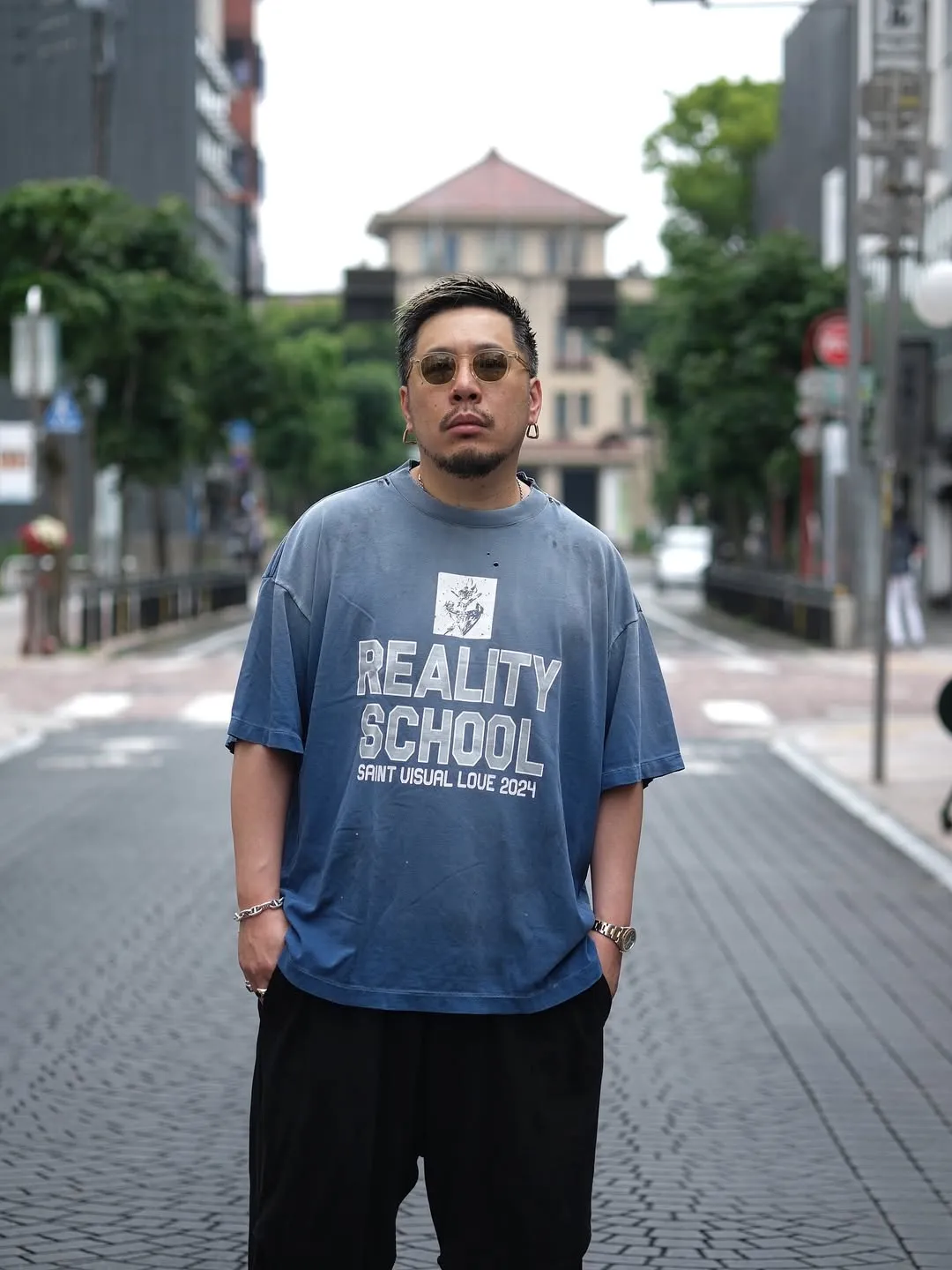 SAINT Mxxxxxx REALITY SCHOOL SS_TEE/NVY slogan distressed short-sleeves, washed blue S-XL, garment dyeing, horse fade, ultra-complex shearing and destruction treatment, correct version, cylindrical fabric, customized original consistent main mark/wash mark, original consistent silver powder printing, distressed treatment